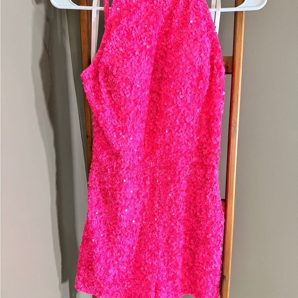 Sherri Hill Hot Pink Sequin Halter Romper